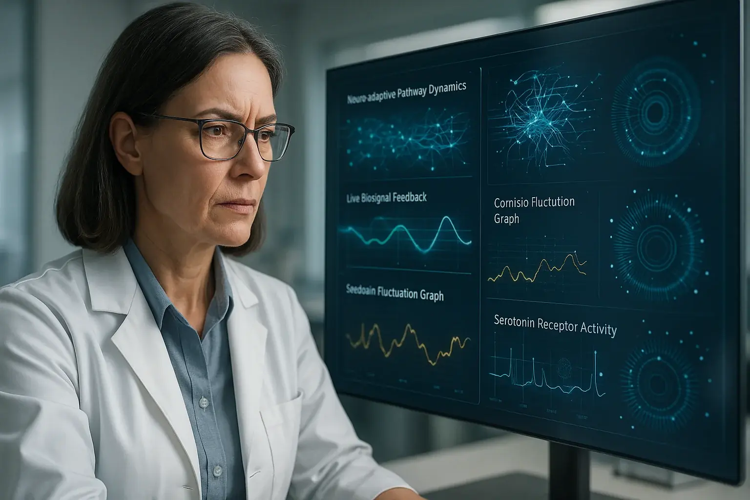 Lead researcher in a modern lab analyzes a conceptual smart tattoo, the tech behind AwareInk's insights.