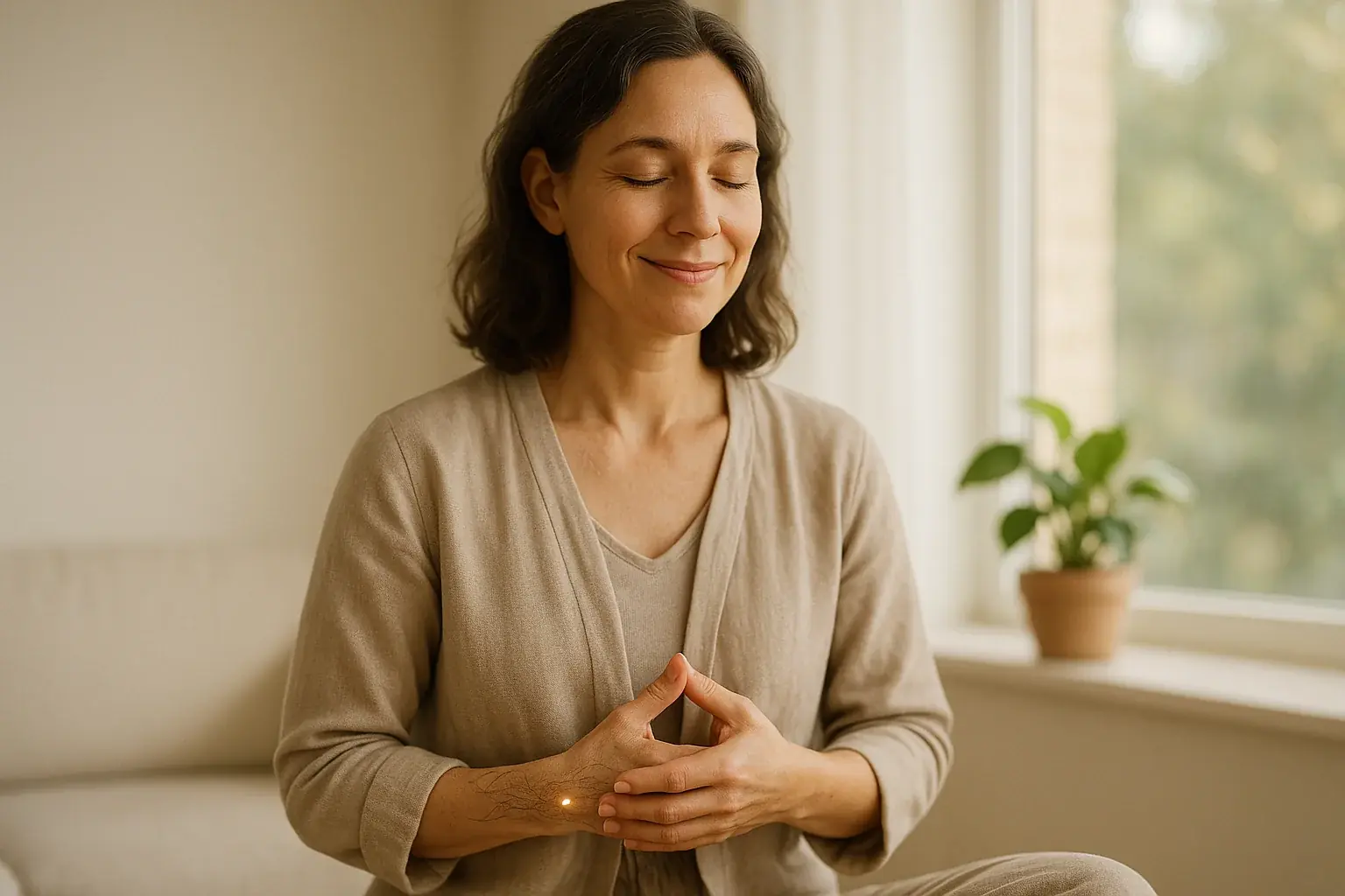 AwareInk's calm mindfulness advisor, with a subtle wrist tattoo, demonstrates a peaceful breathing exercise in a modern