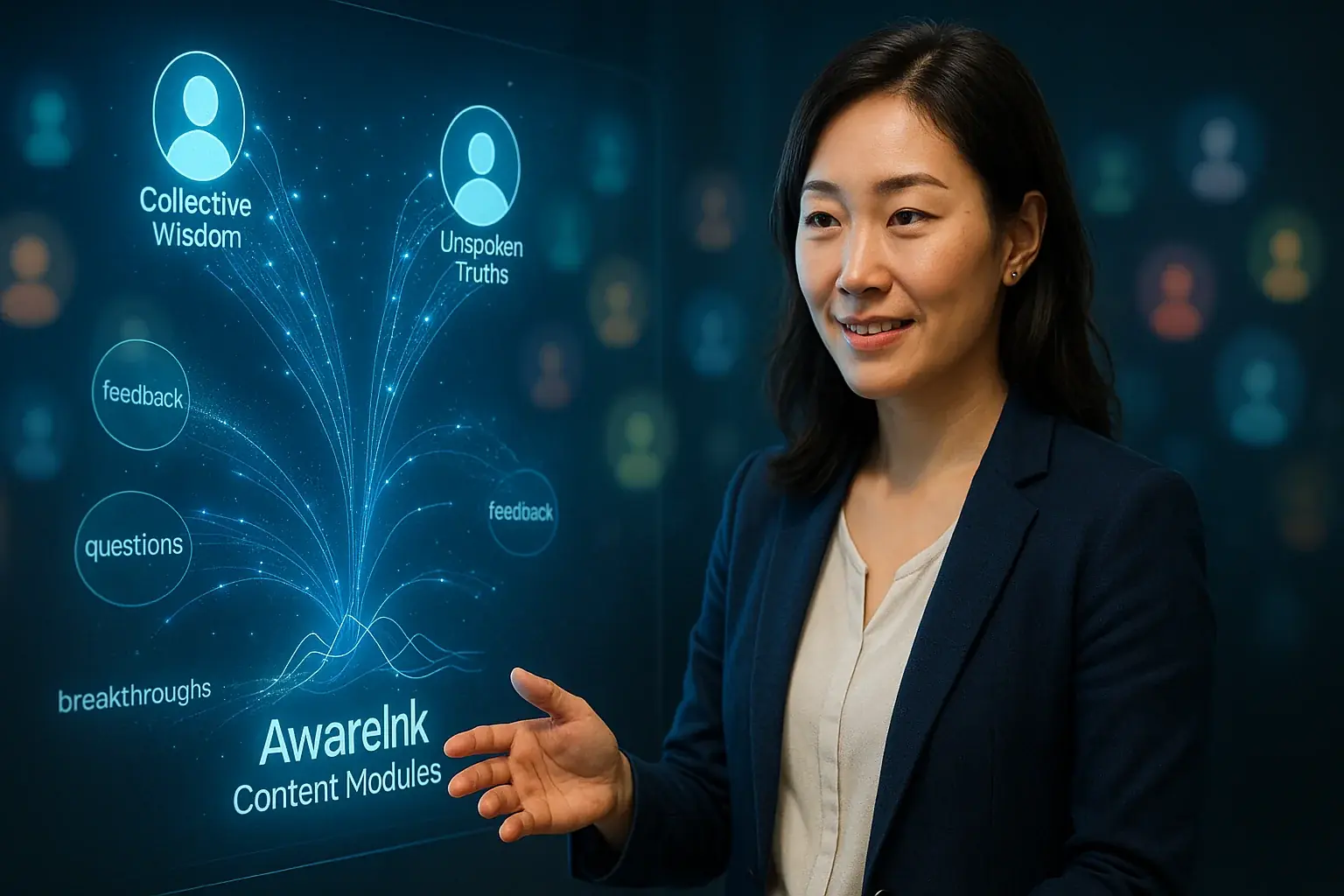 Friendly community manager actively listens, connecting with diverse users (light beams) on a holographic interface.