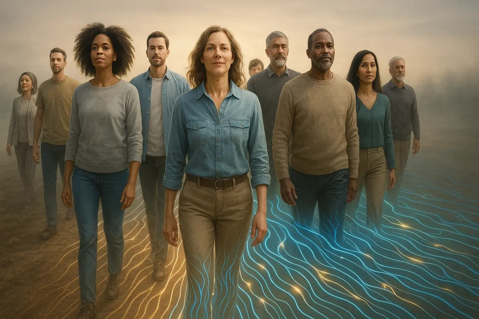 Diverse group on a path blending into a glowing AwareInk smart tattoo, a shared journey to insight, tech understanding &