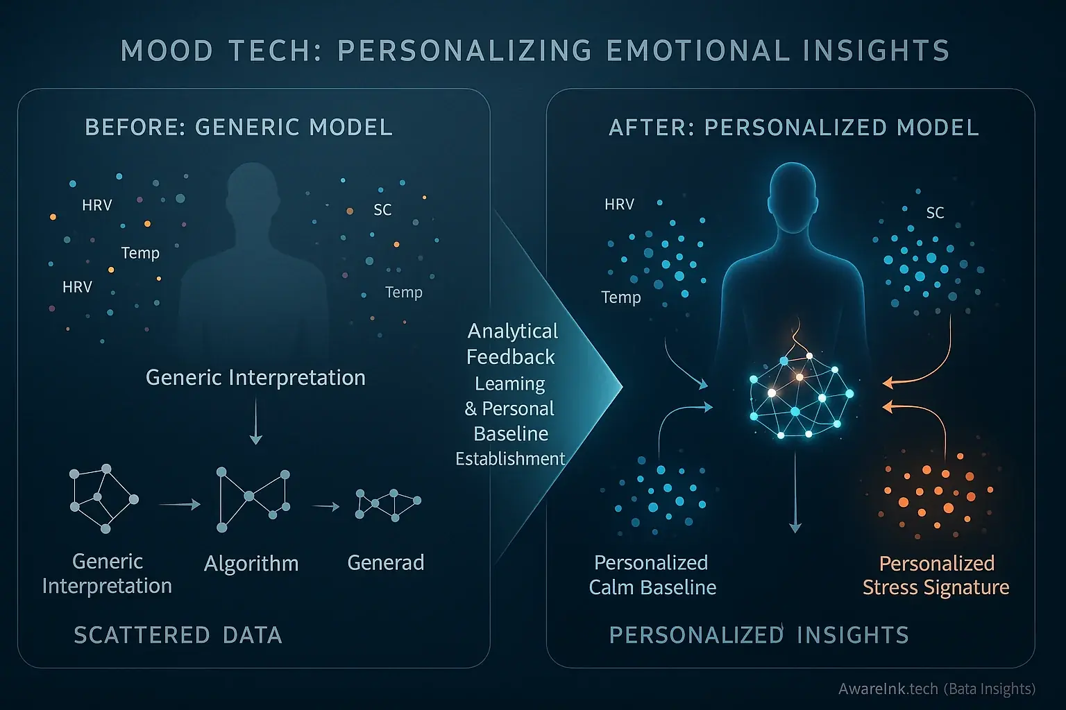 Diagram: Before (scattered generic data) and after (clustered personalized emotional insights) via feedback.