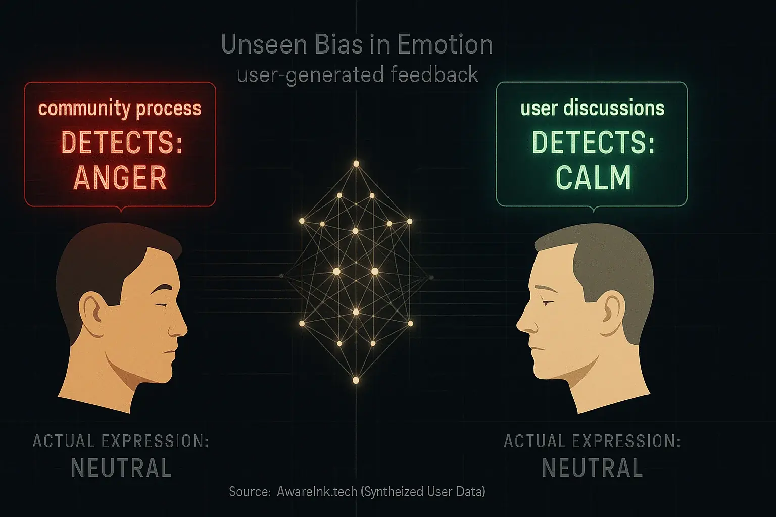 Infographic showing emotion recognition systems mislabeling diverse symbolic faces due to demographic bias.