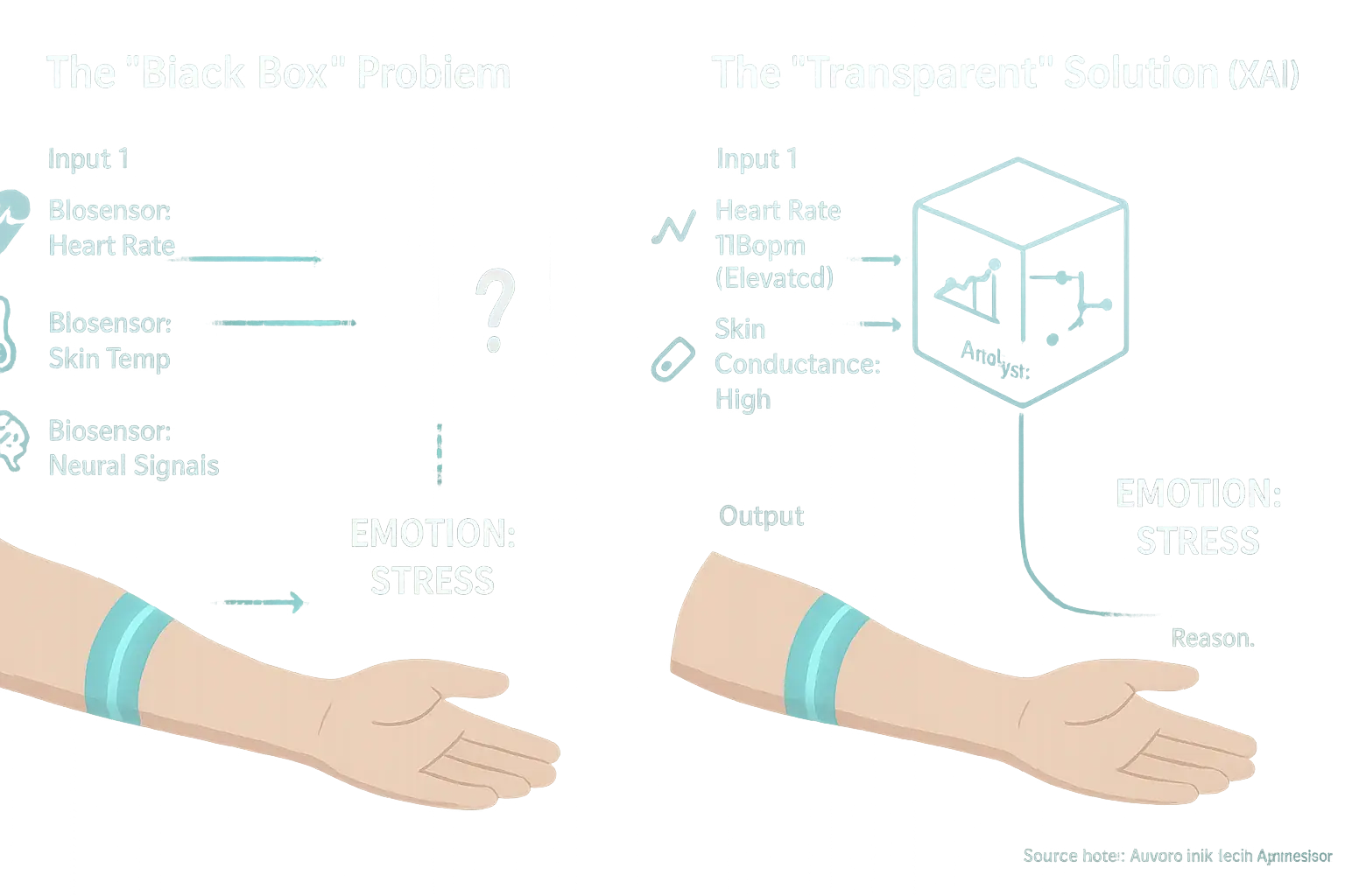 Black box user-generated experiences (logic hidden by a question mark) vs. transparent user analysis, demonstrating the