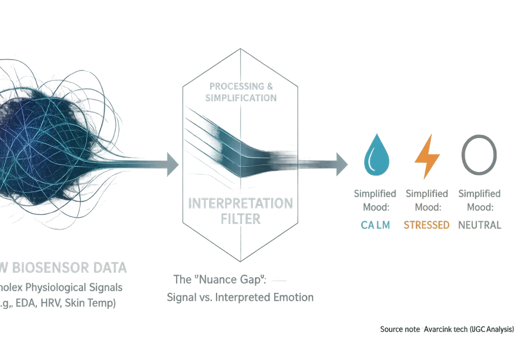 Infographic: How raw biosensor data is processed to simplified mood insights, showing the interpretation gap impacting