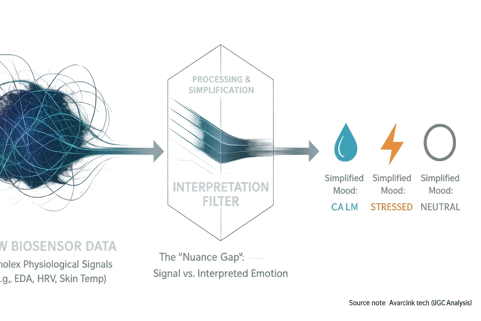 Infographic: How raw biosensor data is processed to simplified mood insights, showing the interpretation gap impacting