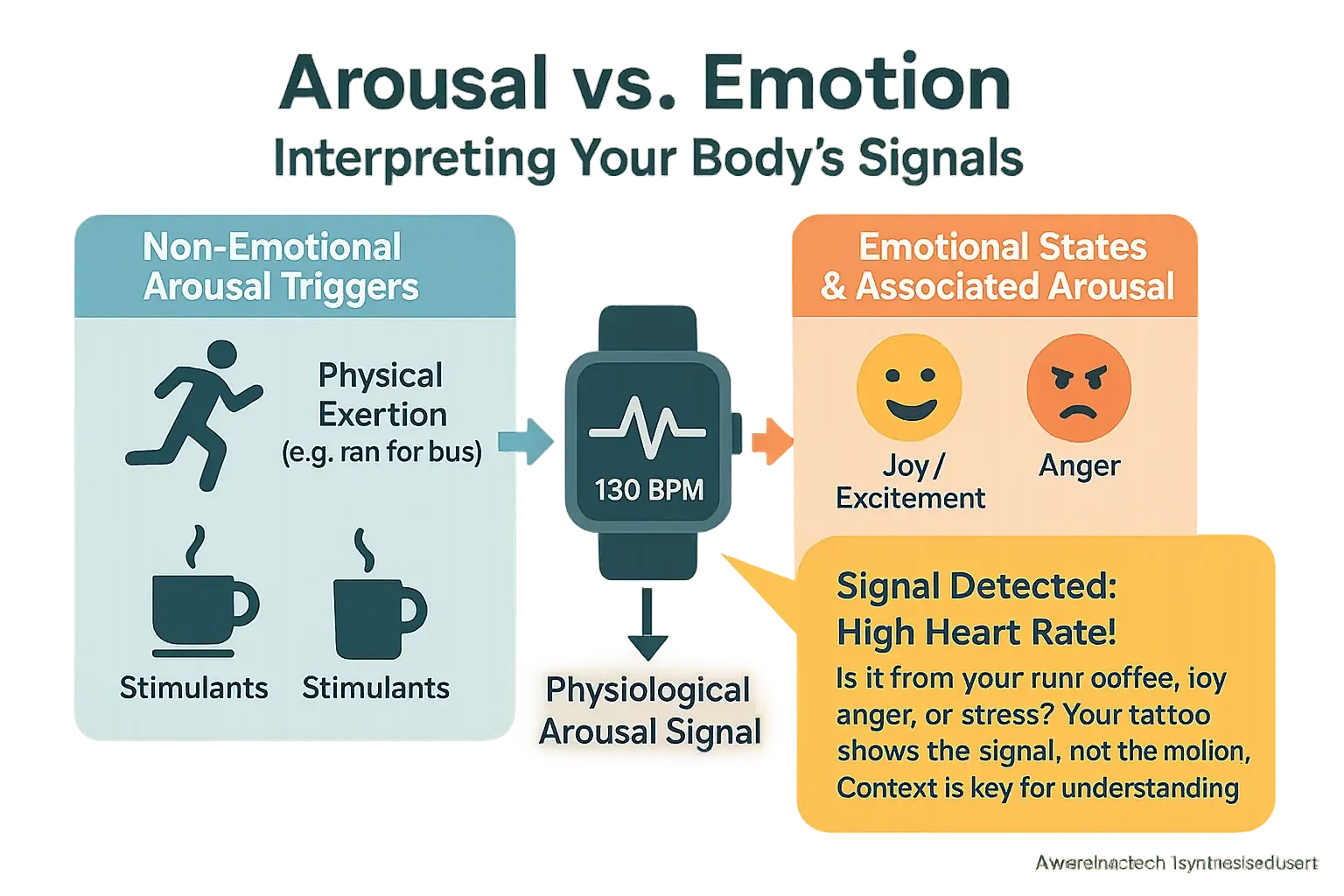 Arousal (exercise, heart rate) vs. Emotion (joy, stress) pathways overlap, risking misinterpretation of mood tattoo data.
