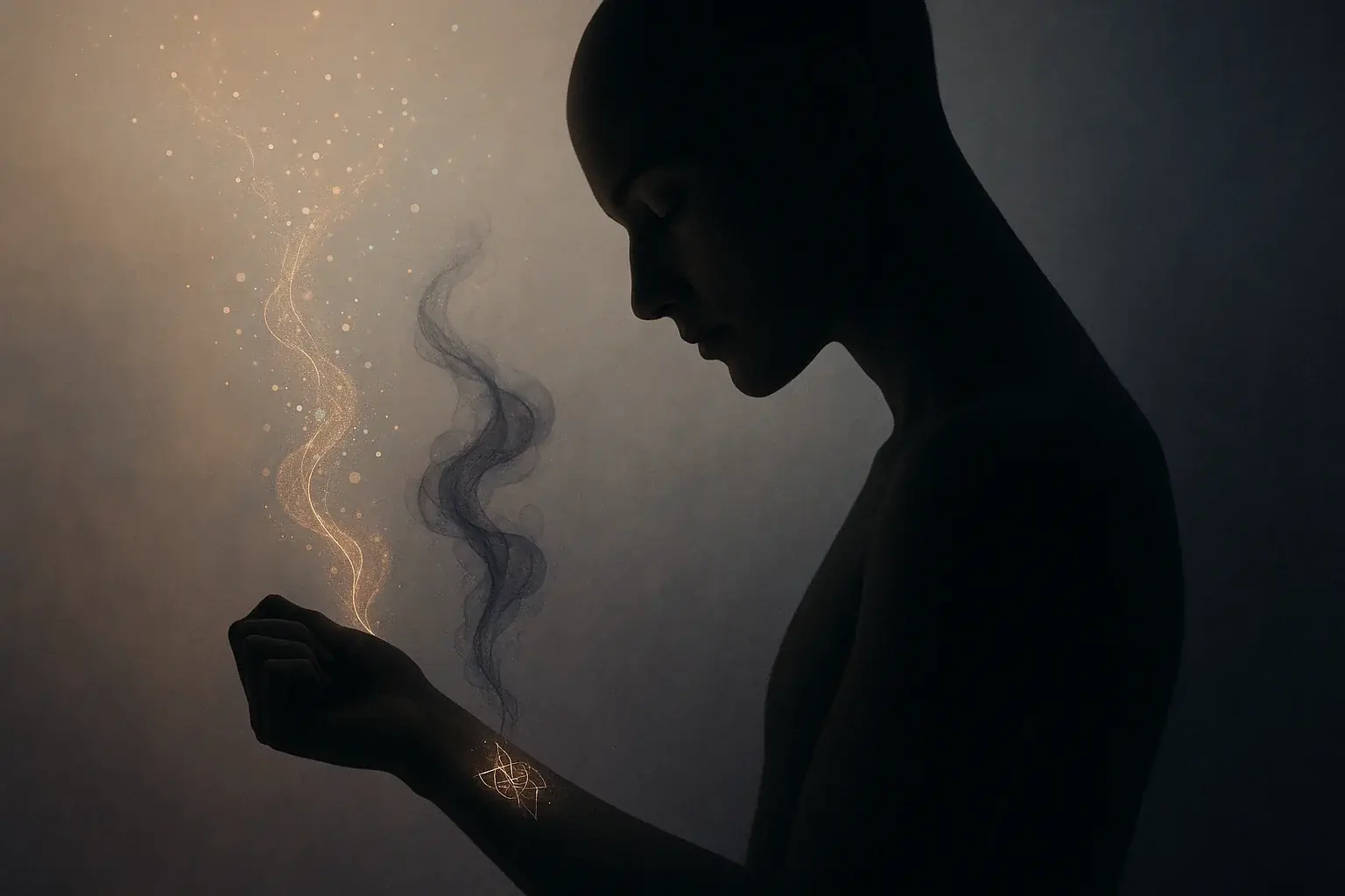 Silhouette with glowing wrist smart tattoo; balanced light &amp; dark flows symbolize emotional data&#x27;s dual nature.