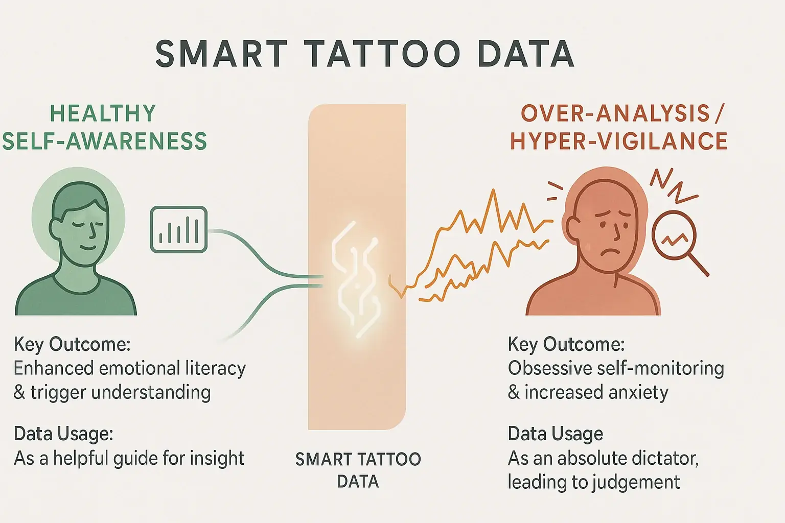 Infographic: self-awareness spectrum. Smart tattoo data can enhance insight or escalate to harmful over-analysis.
