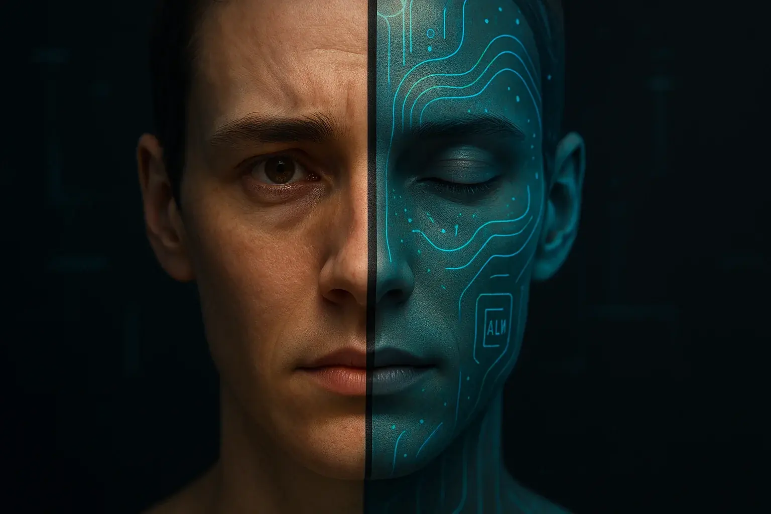 Split face: genuine emotion versus a smart tattoo&#x27;s performed, inauthentic emotion, suggesting a social mask.