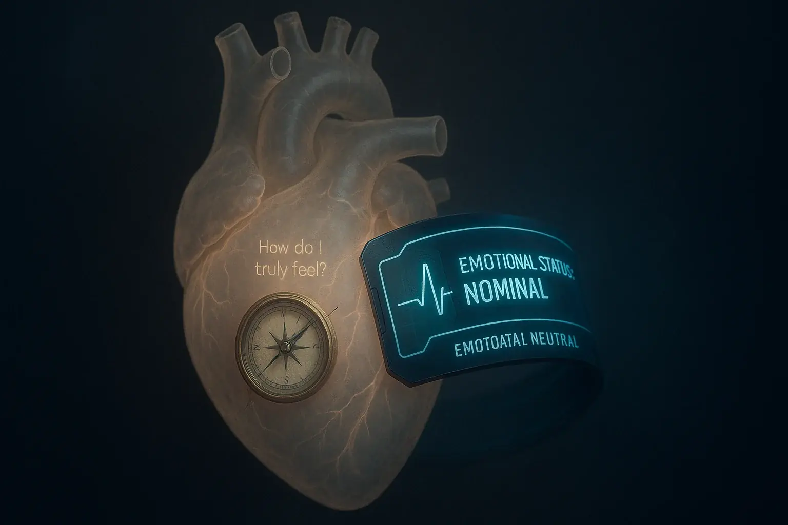 Stylized heart propped by a smart tattoo, tech dependence eroding its inner emotional compass.