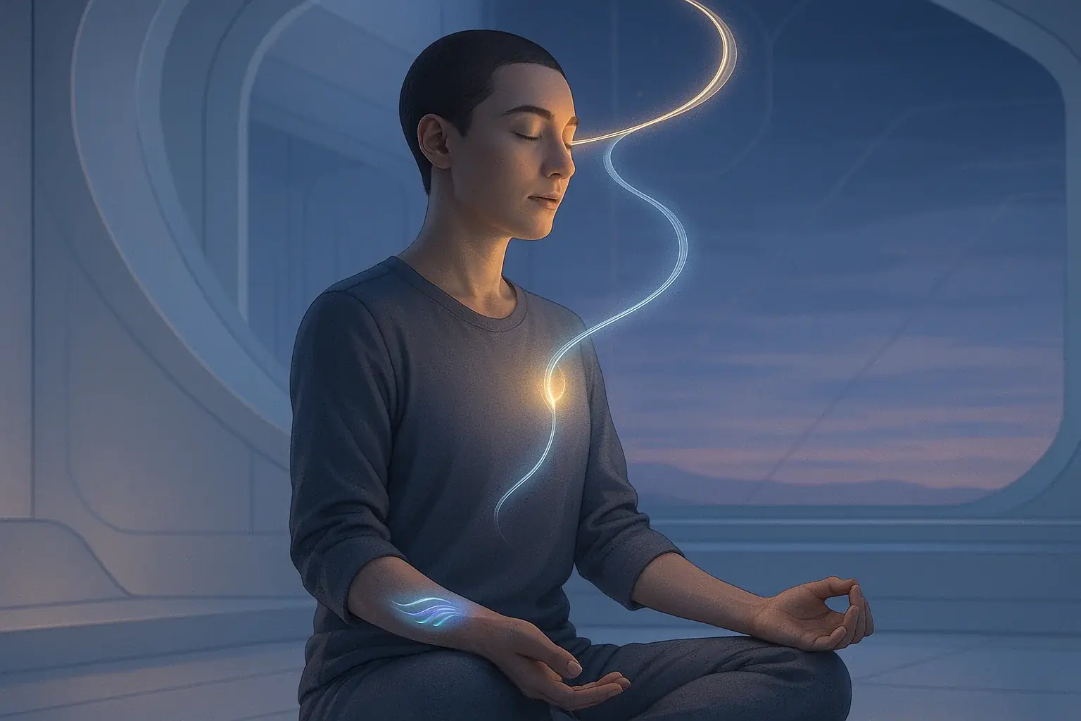 Calm person meditating, smart tattoo on wrist linked by harmonious lines to heart/mind, symbolizing mindful tech integration.