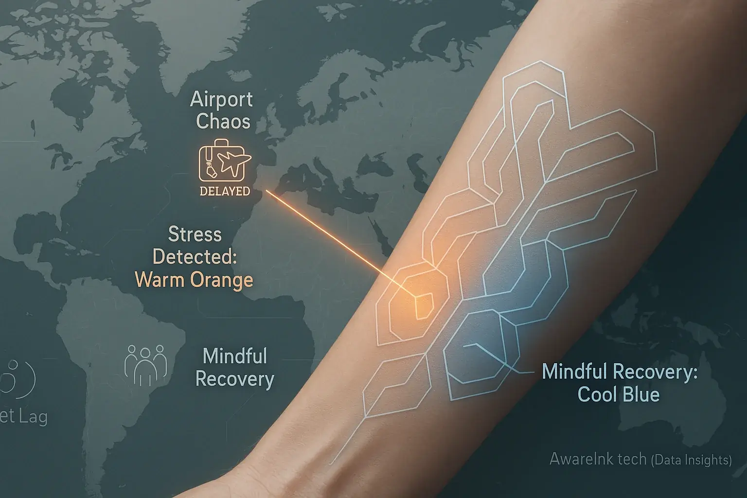 Infographic: World map shows smart tattoo responding to travel stressors (e.g., jet lag) with feedback for a calm journey.