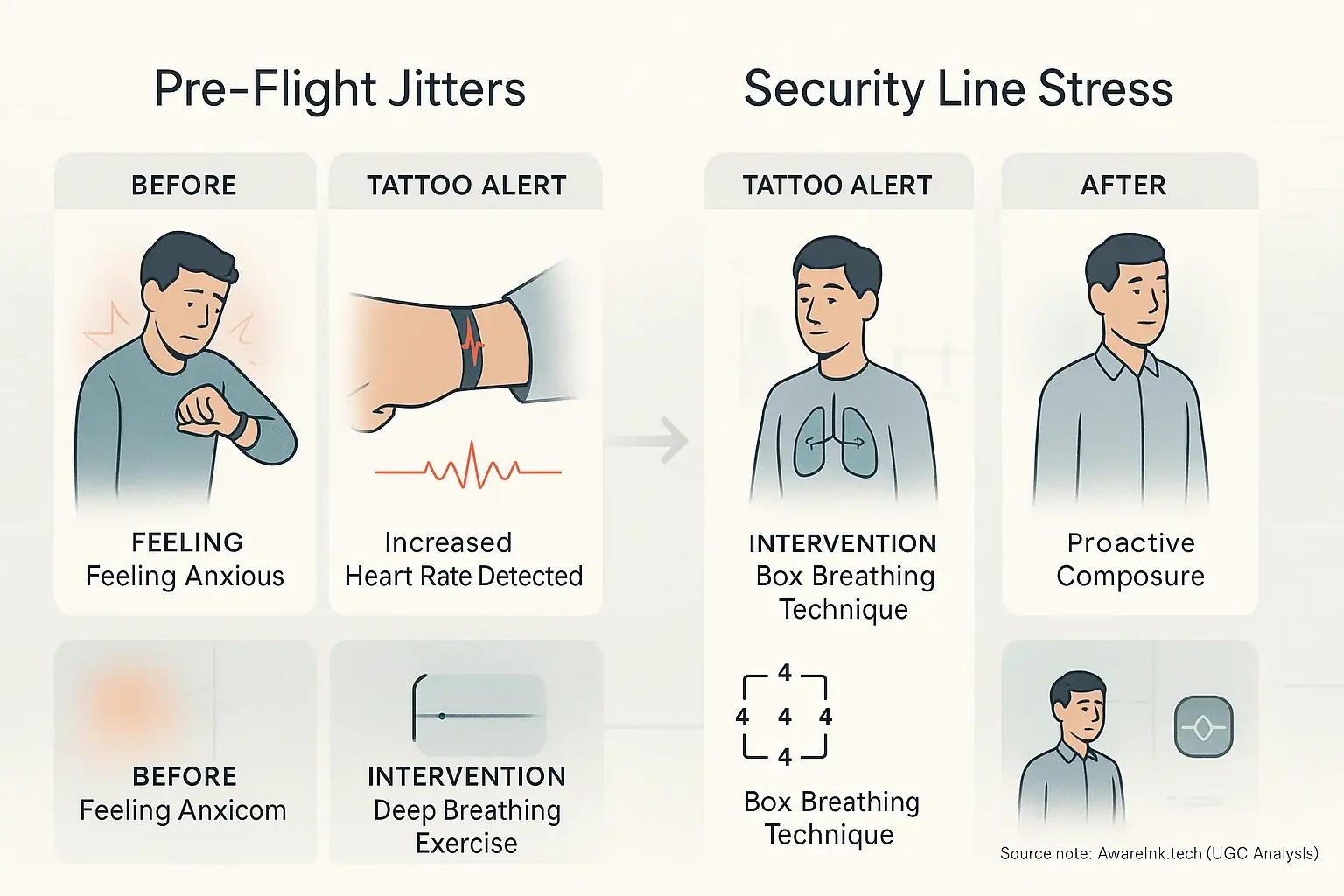 Infographic: Travel anxiety timeline. Smart tattoo cues interventions, showing progression from stress to calm at each stage.