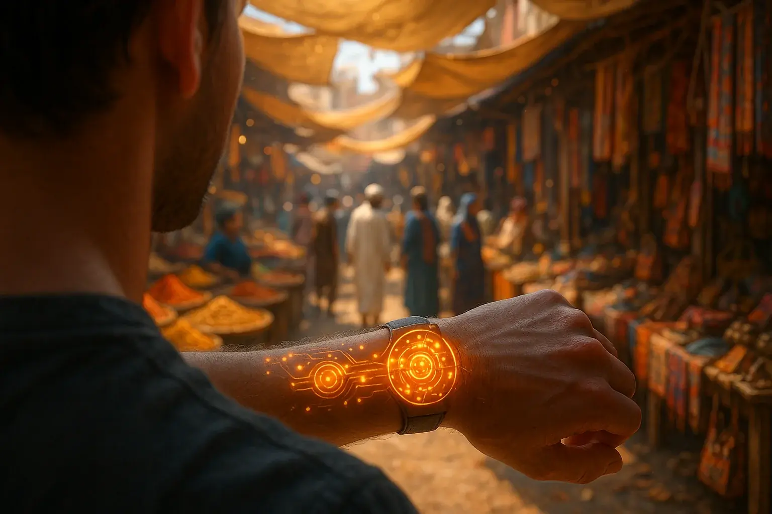 Wrist tattoo glows, mirroring traveler&#x27;s wonder at a vibrant market, deepening the immersive experience.