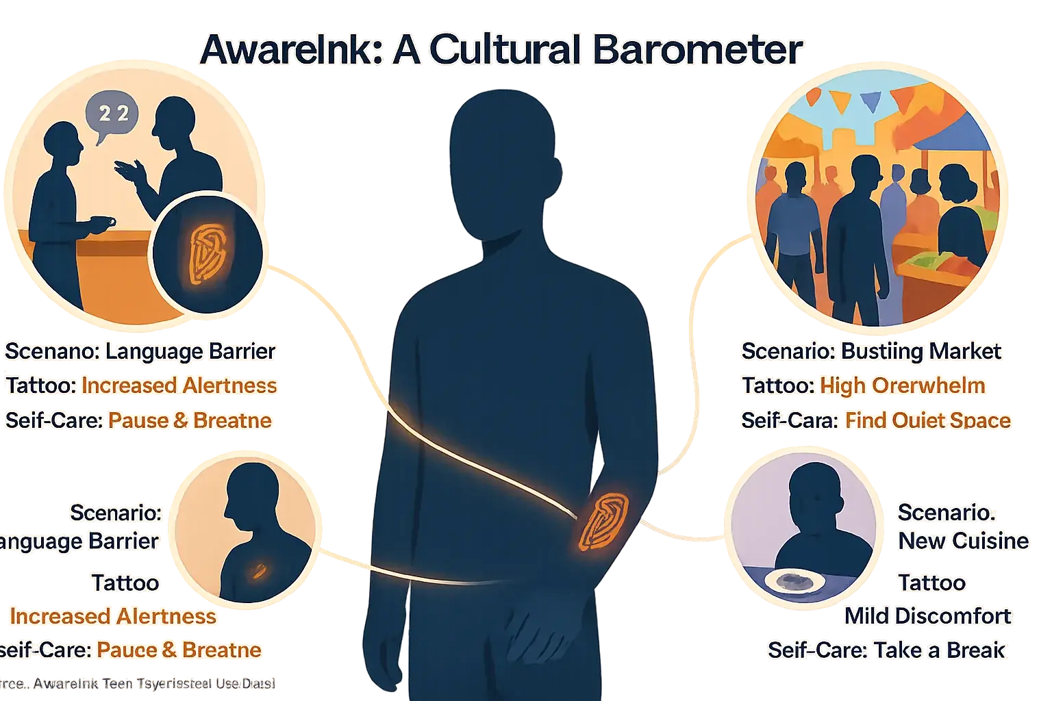 Infographic: Smart tattoo as cultural barometer on silhouette; pattern shifts signal discomfort, prompting self-care in new