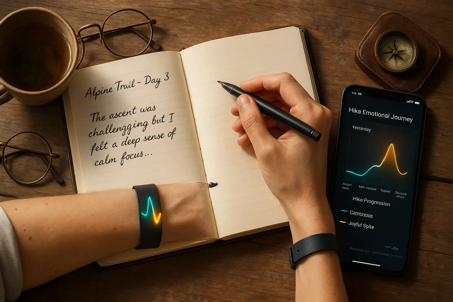 Hand with mood-displaying smart tattoo writes in travel journal, informed by phone&#x27;s tattoo data.