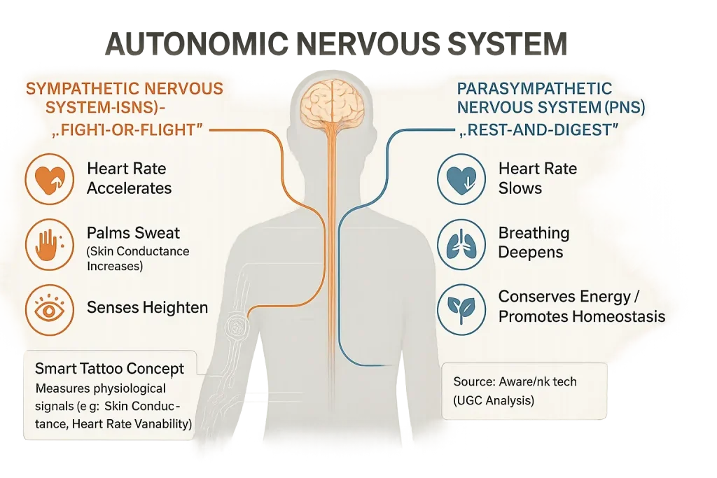 Simplified ANS diagram: sympathetic/parasympathetic effects (heart rate, sweat) & smart tattoos measuring these emotional