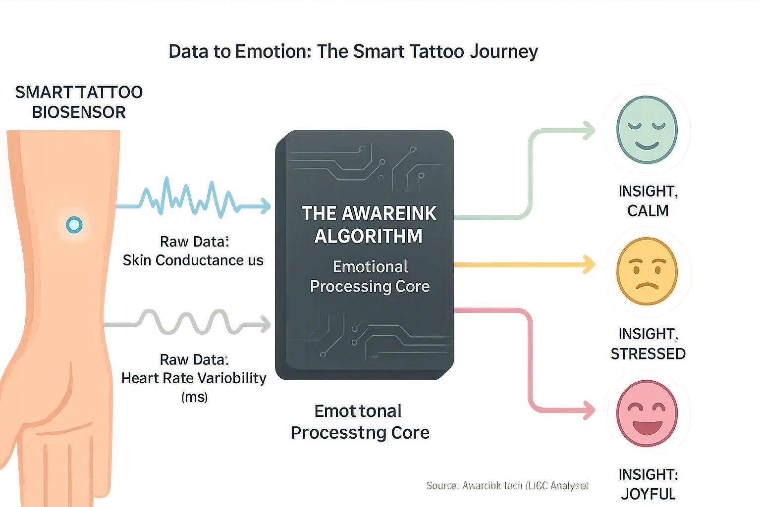 Central algorithm interprets raw biosensor waves, transforming them into emotional insight icons/colors.