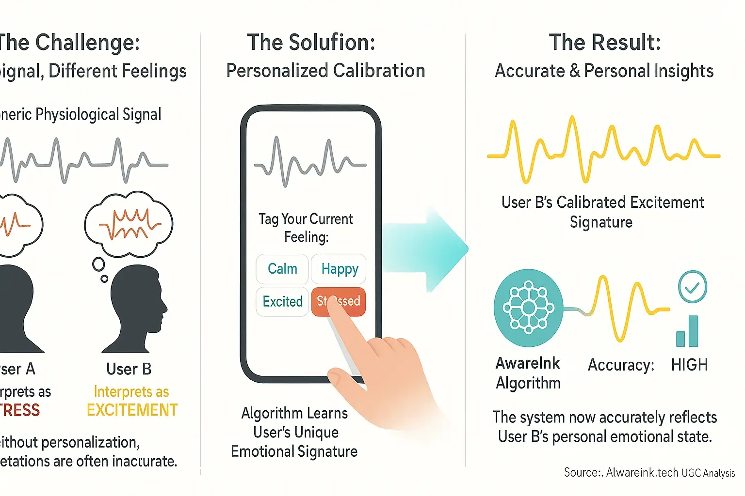 Infographic: User input shifts a physiological signal&#x27;s baseline, calibrating it to a unique emotional signature.
