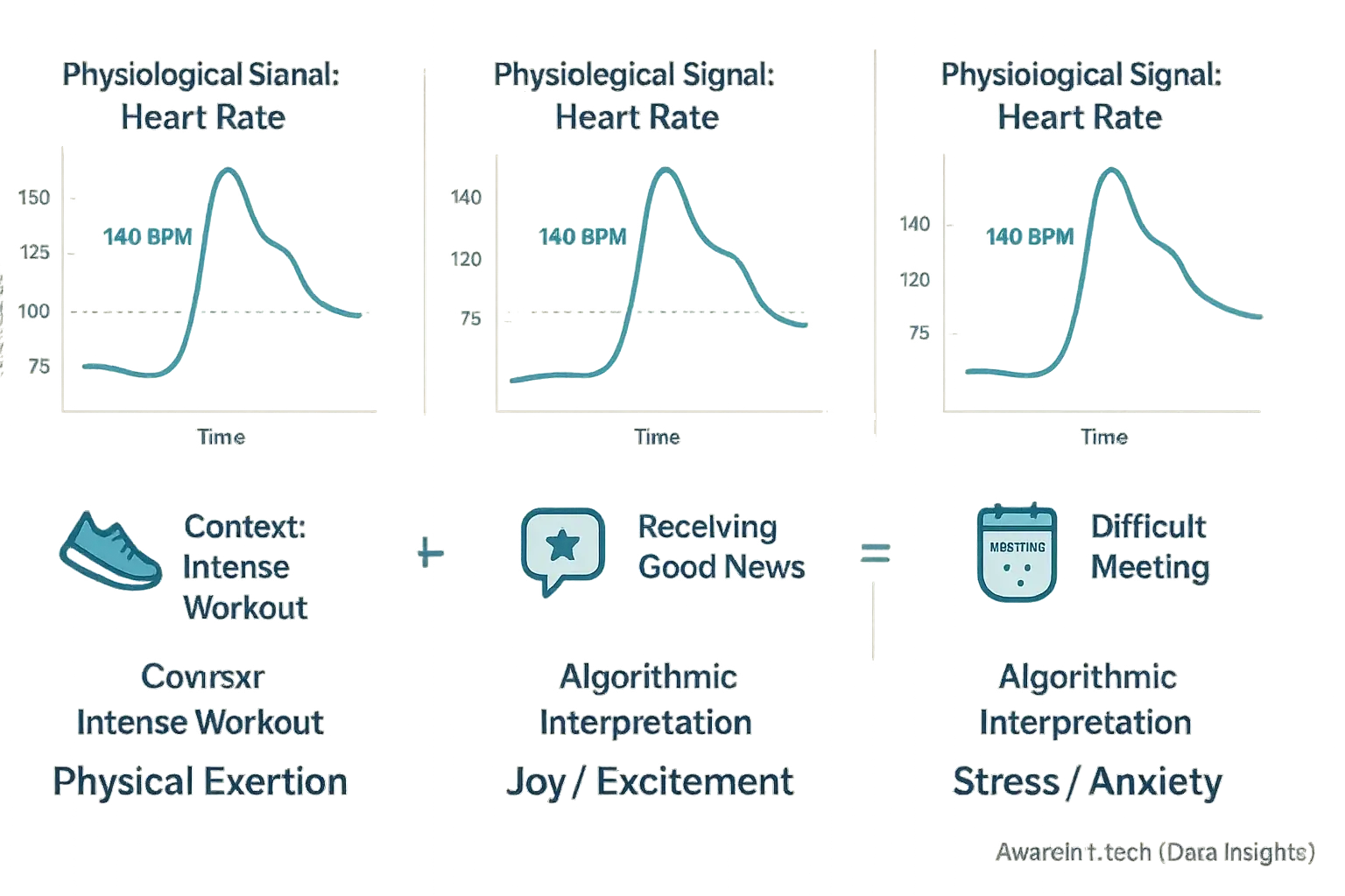 Three physiological signal patterns. Different user contexts (running, stress) demonstrate how context defines emotional