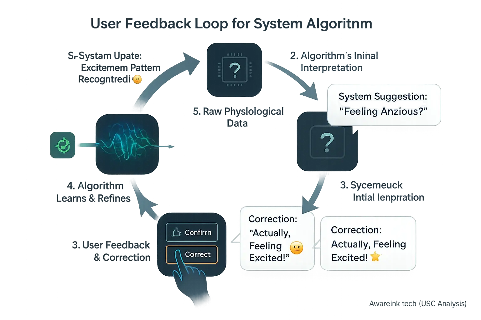 User feedback loop showing how input like thumbs up/down directly refines algorithms for better data interpretation.