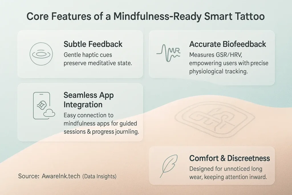 Infographic: Icons highlight mindfulness smart tattoo criteria: subtle feedback, biofeedback, app integration, comfort.