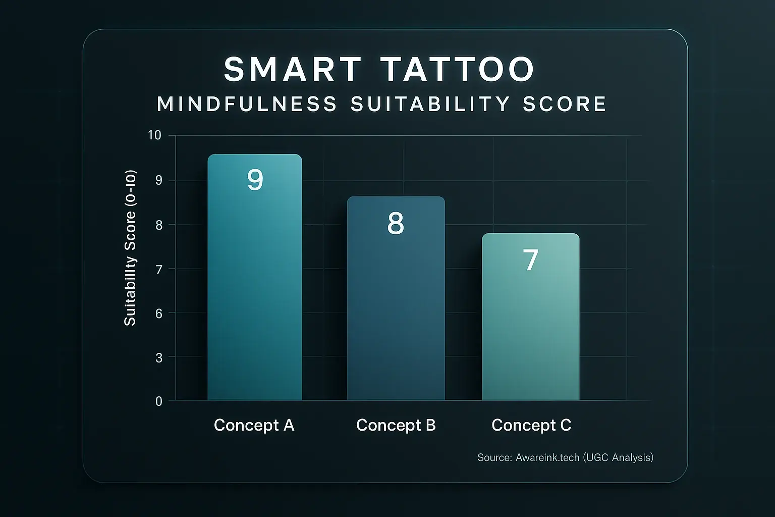 Bar chart: Mindfulness Suitability Scores (1-10) for smart tattoos. Concept C scores highest, ideal for inner peace.