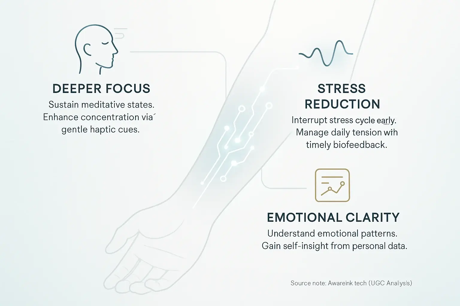 Infographic: Top 3 user-reported smart tattoo benefits: Focus, Stress Reduction, Clarity, via icons/phrases. Source noted.