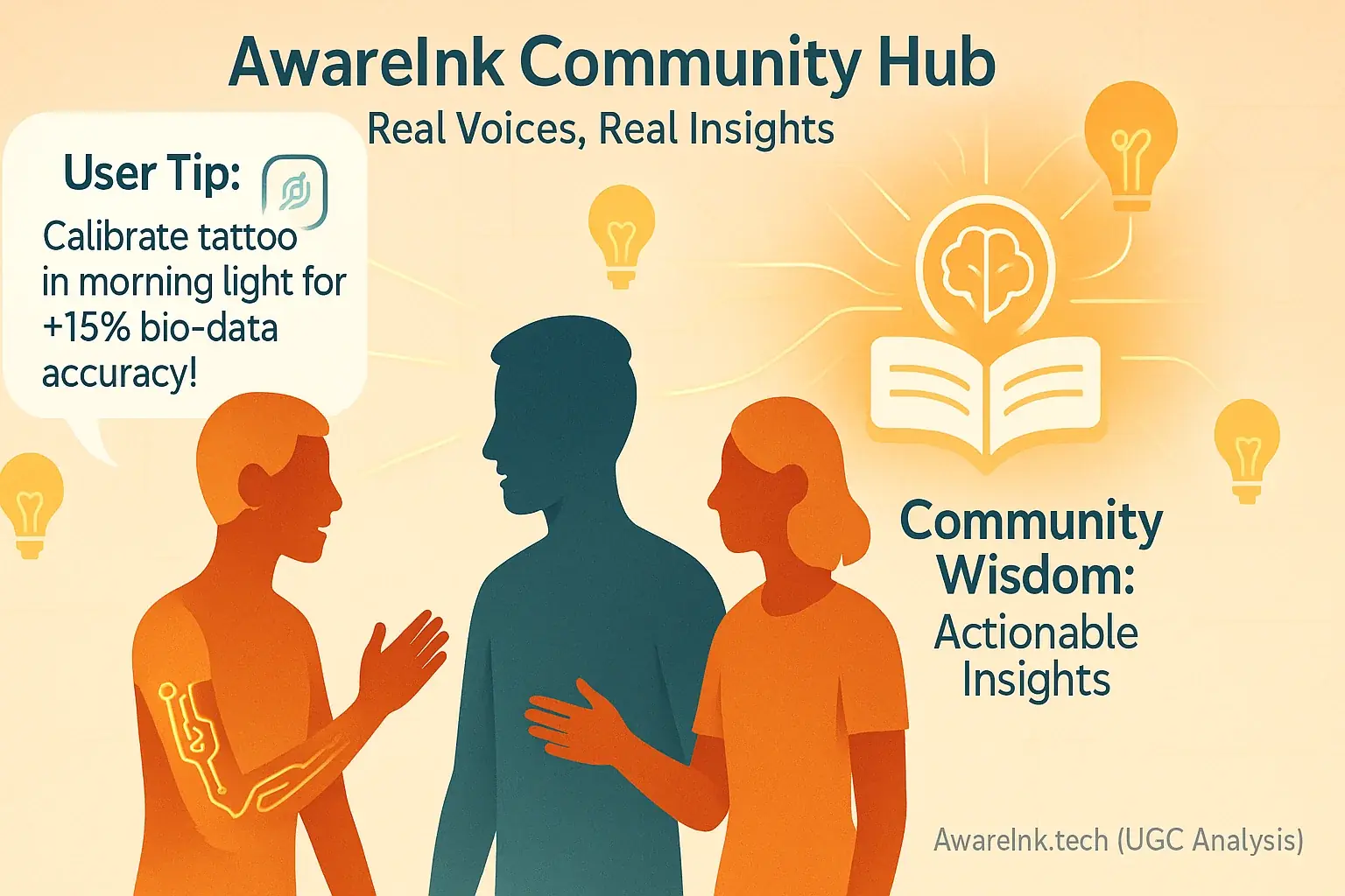 Stylized depiction of diverse AwareInk users sharing insights via interconnected speech bubbles in their community hub.