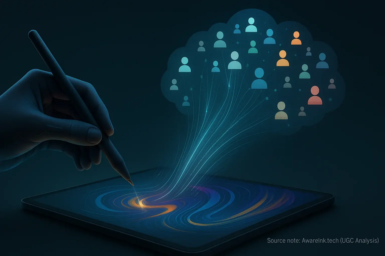 Stylized hand writes on tablet with mood patterns, connecting to user cloud, showing how your AwareInk voice contributes.
