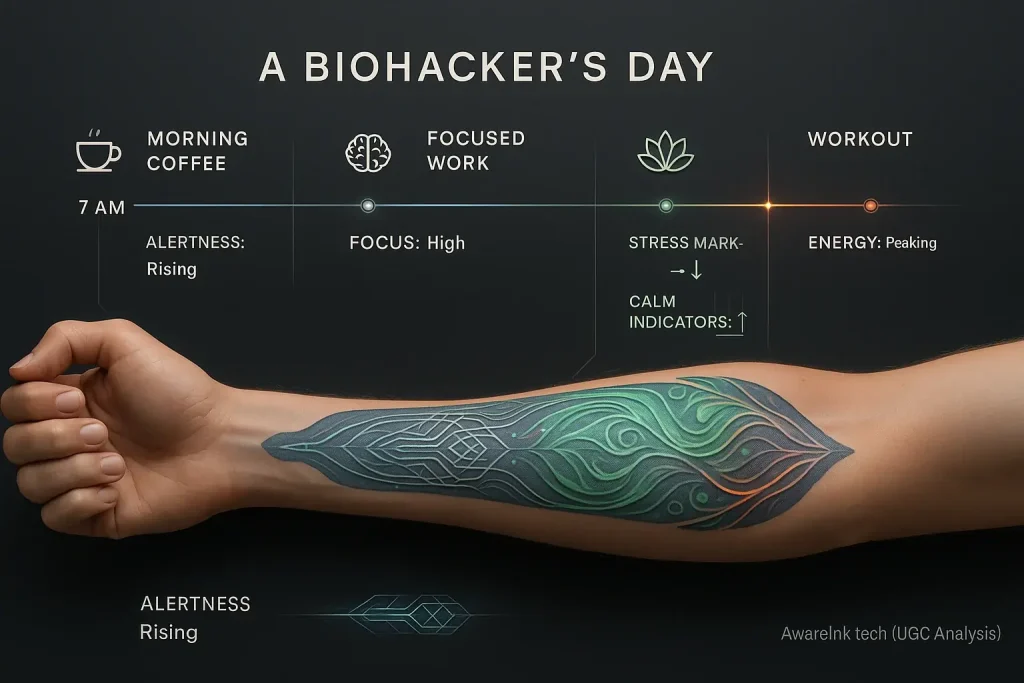 Infographic: Smart tattoo on timeline reveals biohacker's mood shifts correlating with daily activities like meditation &