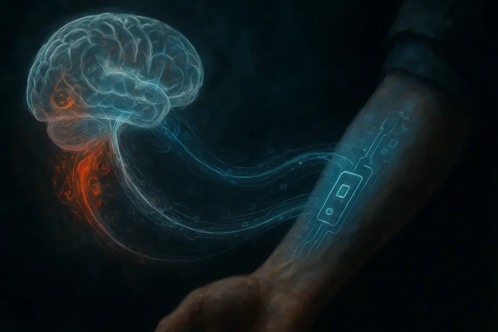 Stylized brain and smart tattoo connected by data streams, questioning tech's role in genuine emotional awareness.