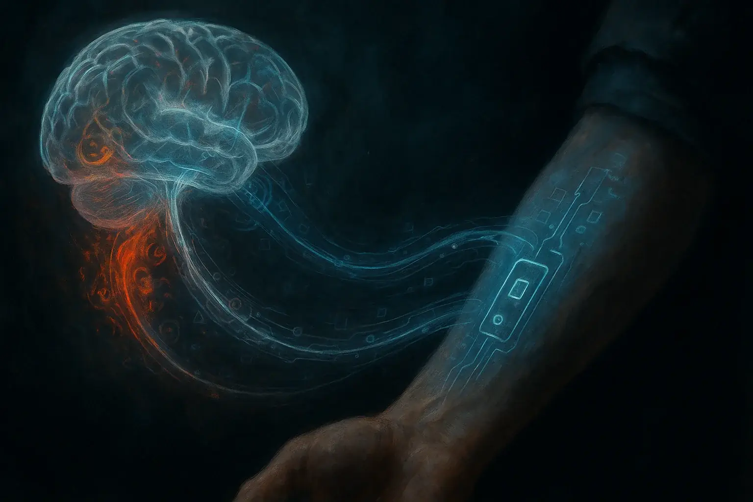 Stylized brain and smart tattoo connected by data streams, questioning tech&#x27;s role in genuine emotional awareness.
