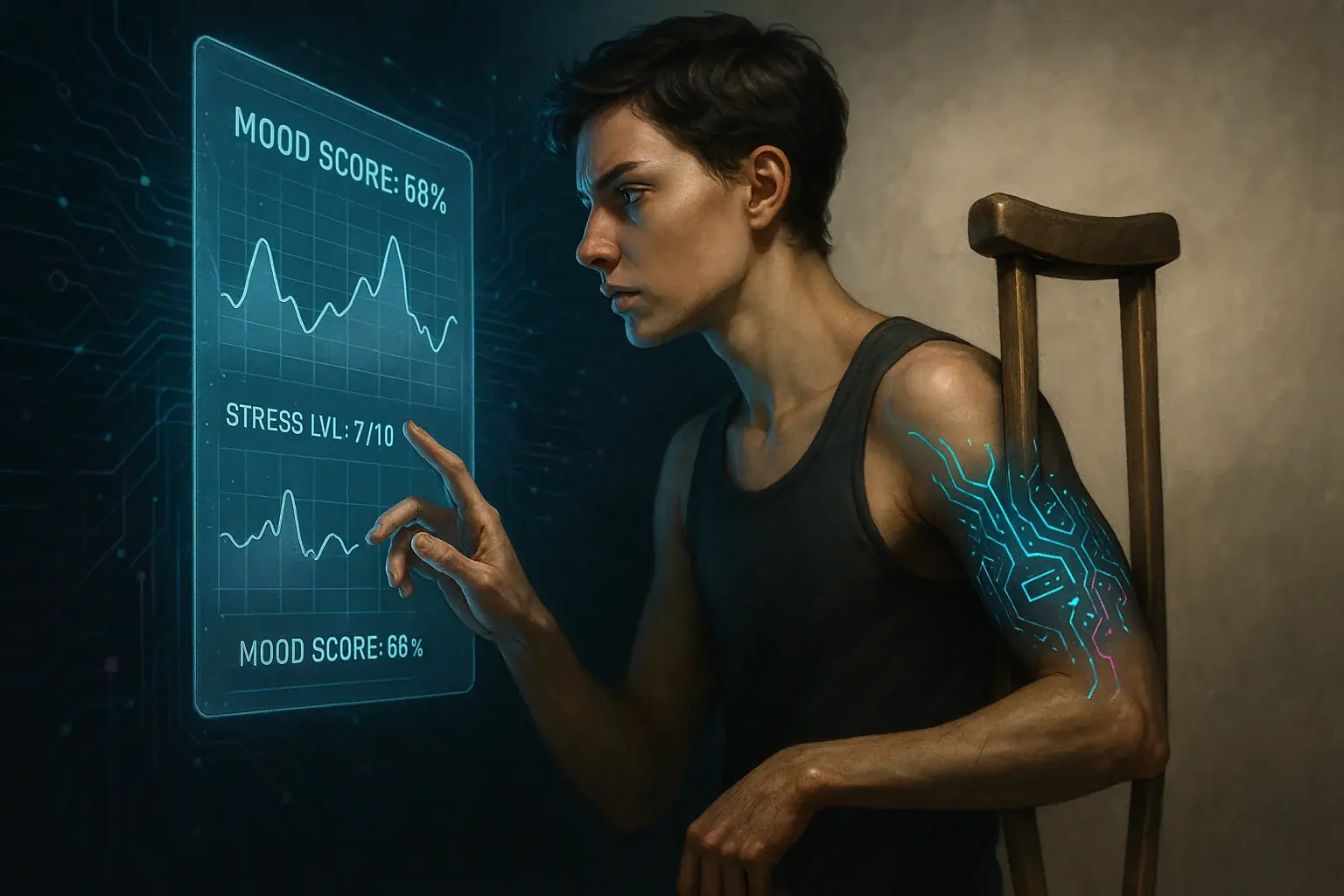 Person with glowing smart tattoo: hand reaches for interface, other holds crutch, showing empowerment vs reliance.