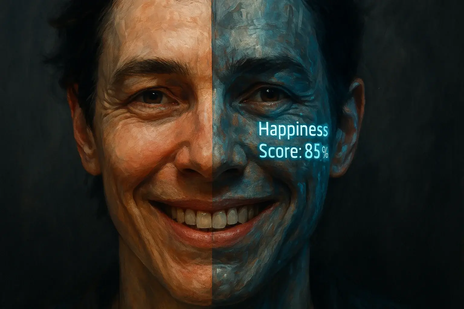 Face split: authentic emotion vs. a smart tattoo&#x27;s pixelated digital display.