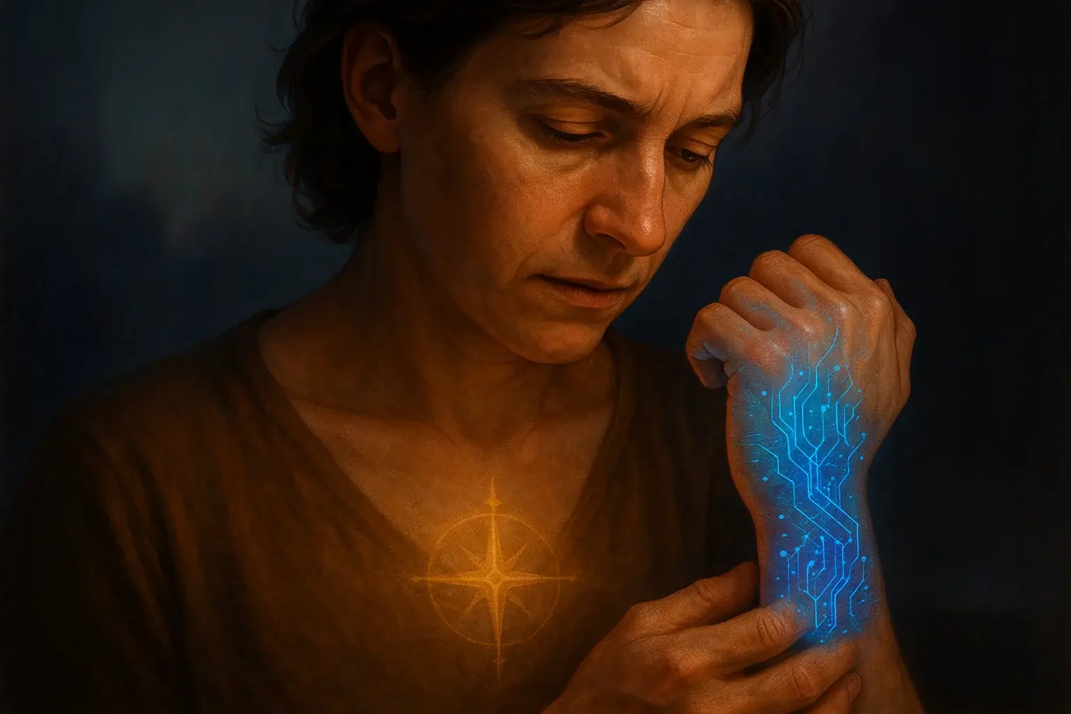 Person views smart wrist tattoo; a subtle, glowing chest compass signifies inner wisdom versus external tech.