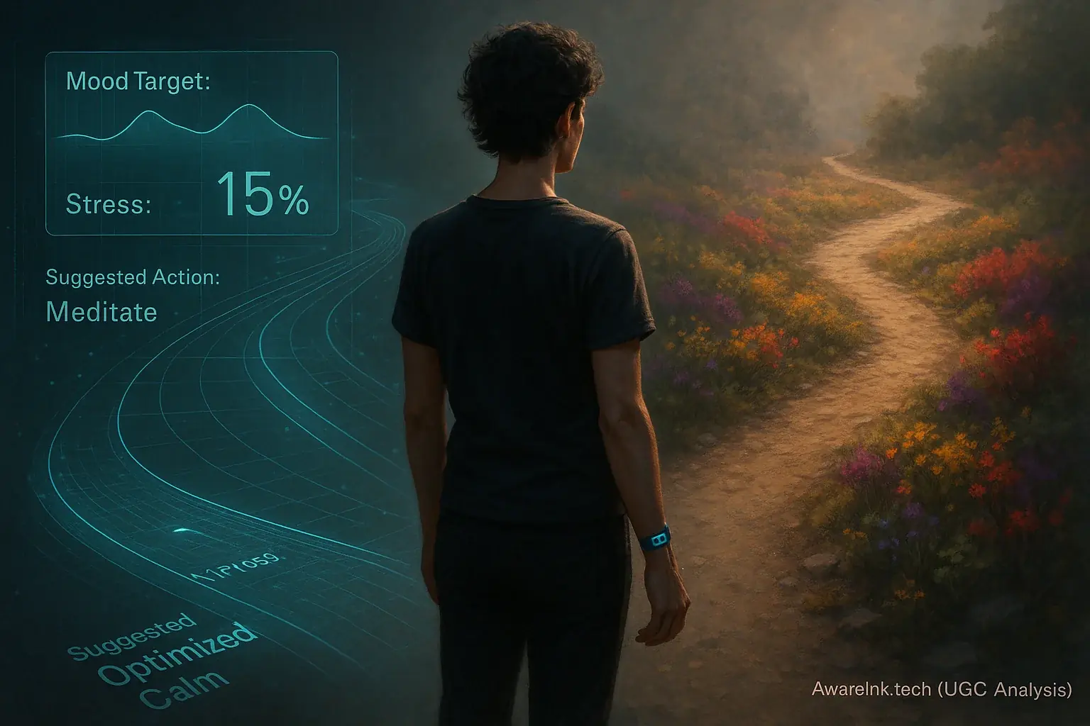 Figure at crossroads: tech-guided path versus self-determined path, symbolizing human agency in a data-rich world.