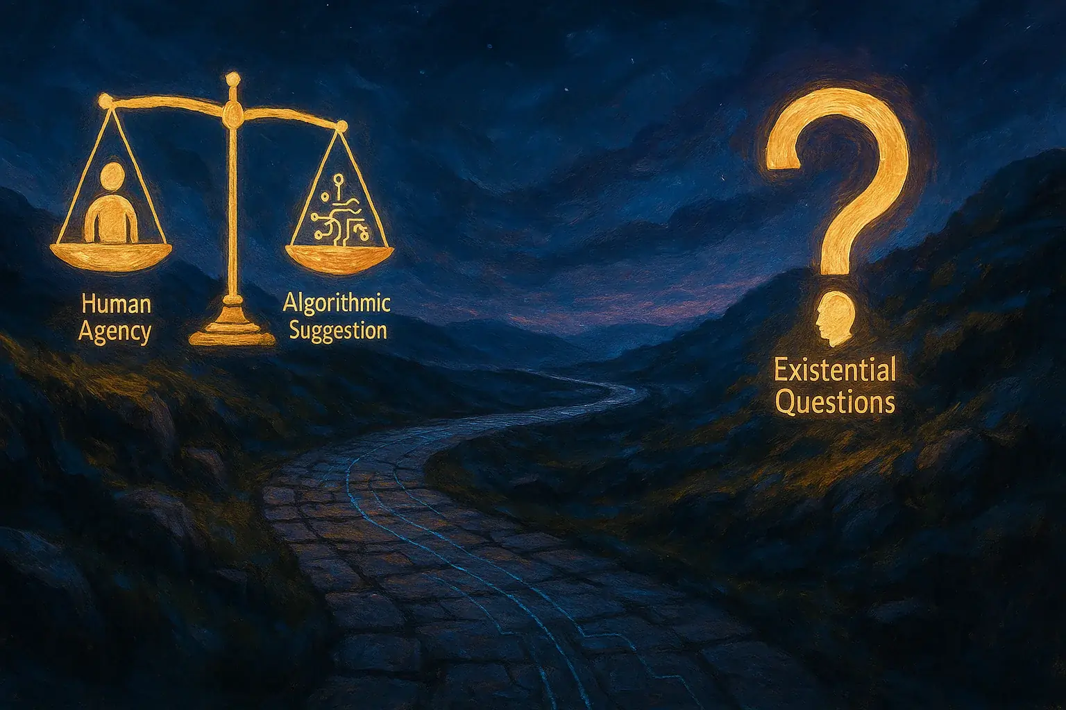 Winding path, tech, glowing philosophical symbols: navigating mood tech&#x27;s philosophical journey with awareness.