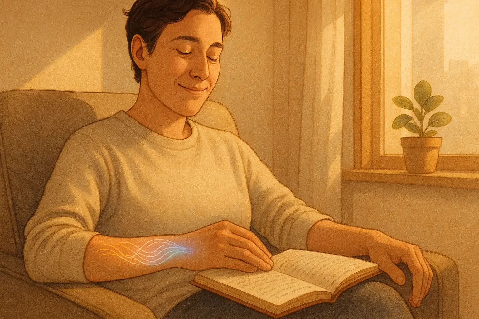 Glowing smart tattoo on a calm person's wrist changes color, reflecting inner peace and tech-human harmony.