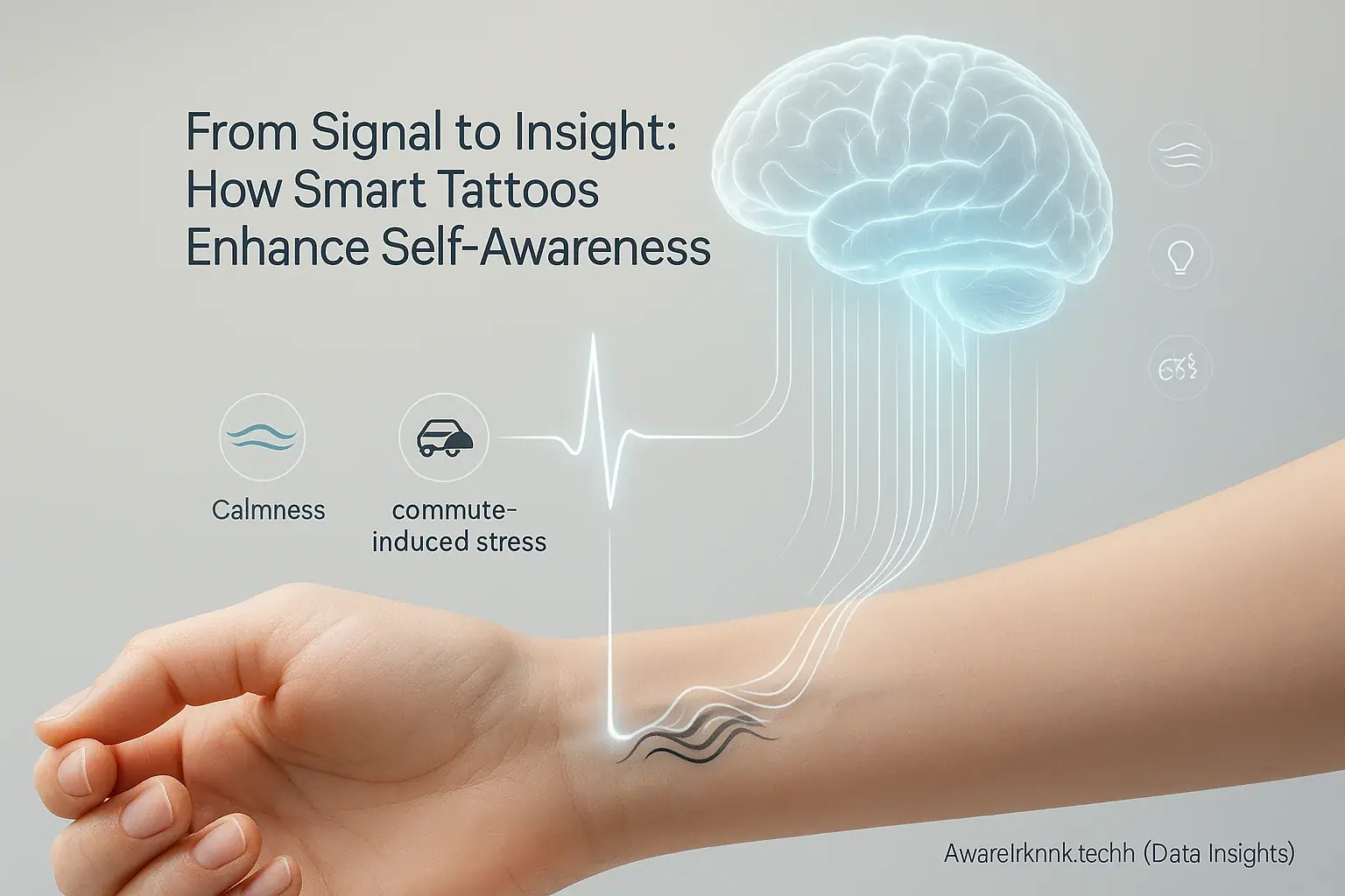 Infographic: Smart tattoo biofeedback to brain, showing transformation from signal to emotional insight for self-awareness.