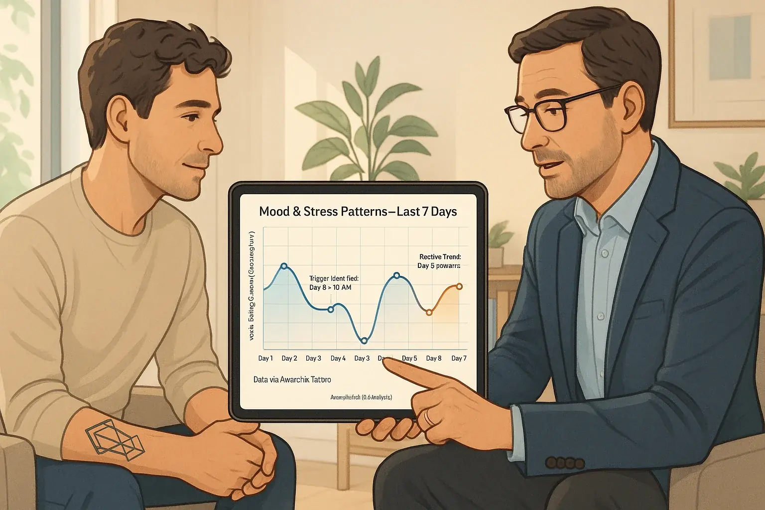 Therapist analyzes patient's mood patterns over time, graphed on tablet via smart tattoo data.
