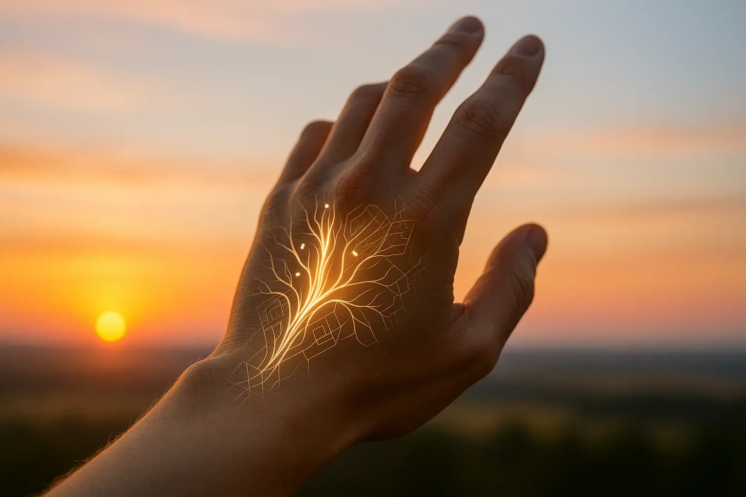 Glowing smart tattoo on a hand reaching for a hopeful horizon, embodying resilience and a brighter emotional future.
