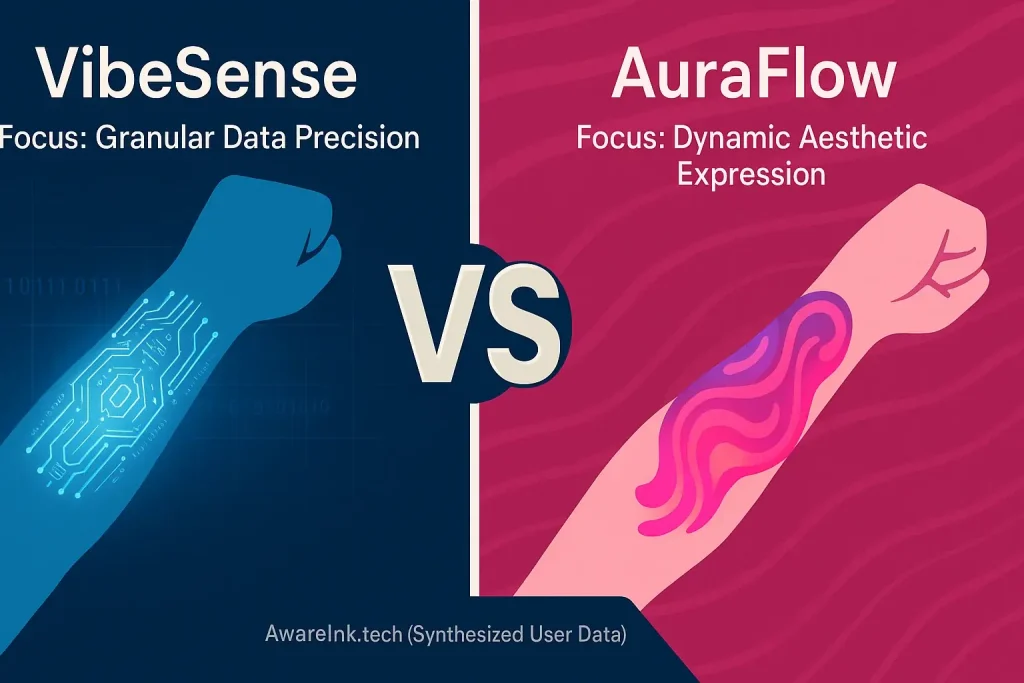 Stylized 'VS': Blue, data-focused VibeSense vs. pink, aesthetic-focused AuraFlow in an emerging mood tech comparison.