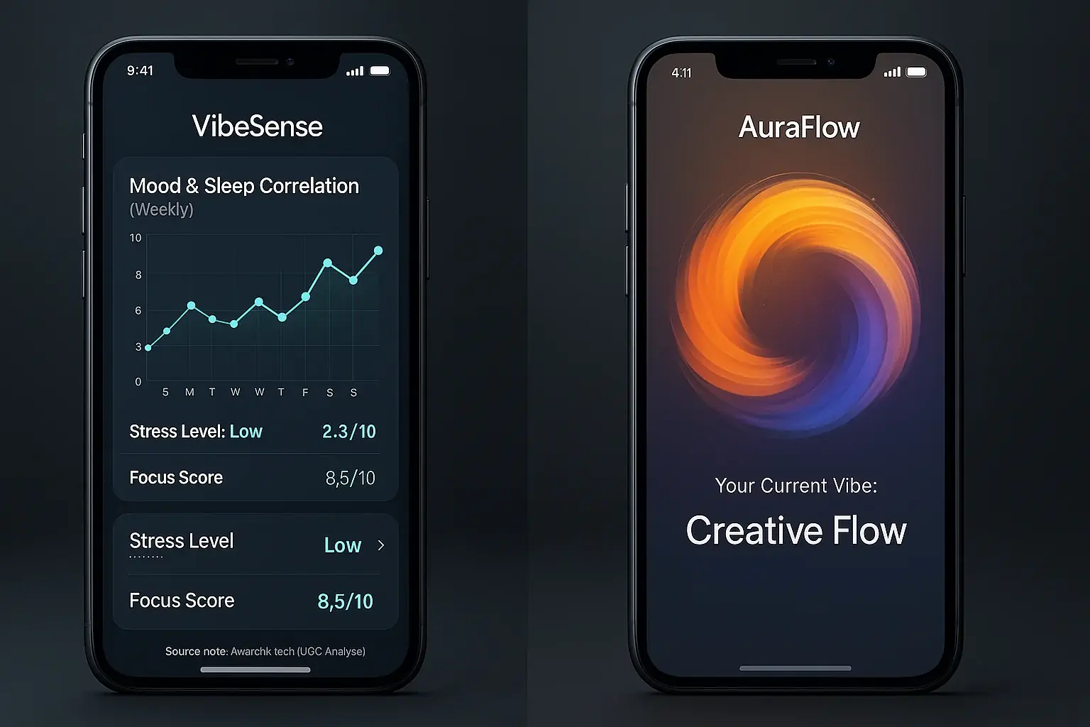 Side-by-side app UI: VibeSense's detailed data graphs vs. AuraFlow's vibrant, artistic mood visuals.
