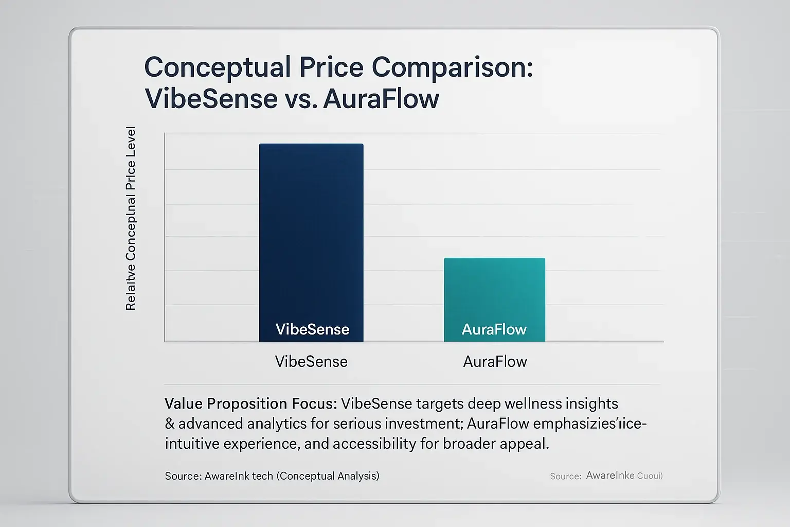 Bar chart: VibeSense (higher concept. price) vs AuraFlow (lower), 'Value Proposition' note. Source: AwareInk.tech (Concept.
