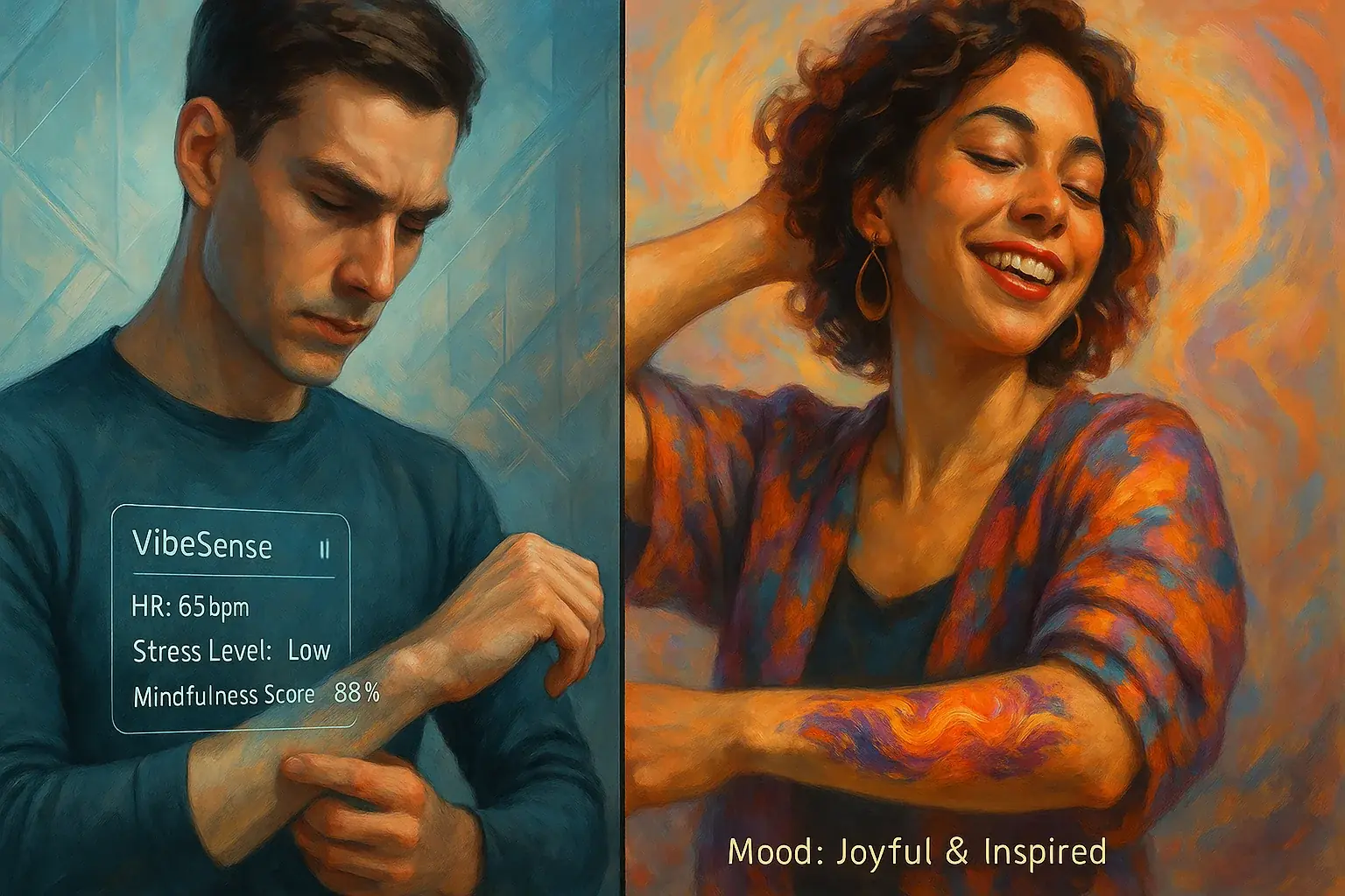 Focused, data-driven VibeSense user versus vibrant, fashion-conscious AuraFlow user for mood tattoo matching.