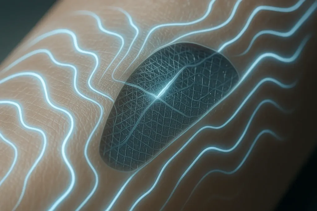 Glowing smart tattoo material seamlessly on skin, its microscopic structures revealing the future of material science.