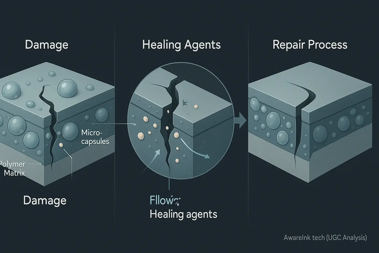 Infographic: Microscopic view of a tattoo's self-healing polymer actively repairing a crack via molecular reconnection.