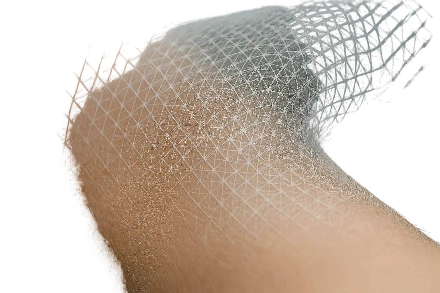 Microscopic view: transparent nanomesh circuit's interwoven fibers conform to skin, appearing nearly invisible.
