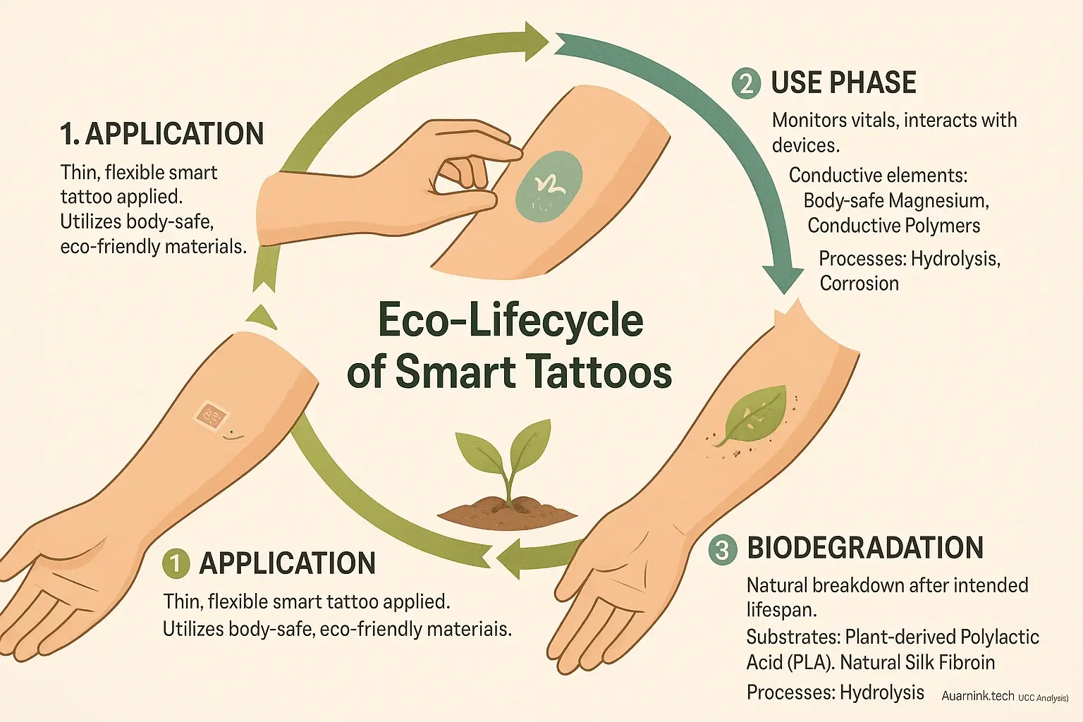 Infographic: Biodegradable smart tattoo's eco-lifecycle: application, then icons for use, degradation, natural return.